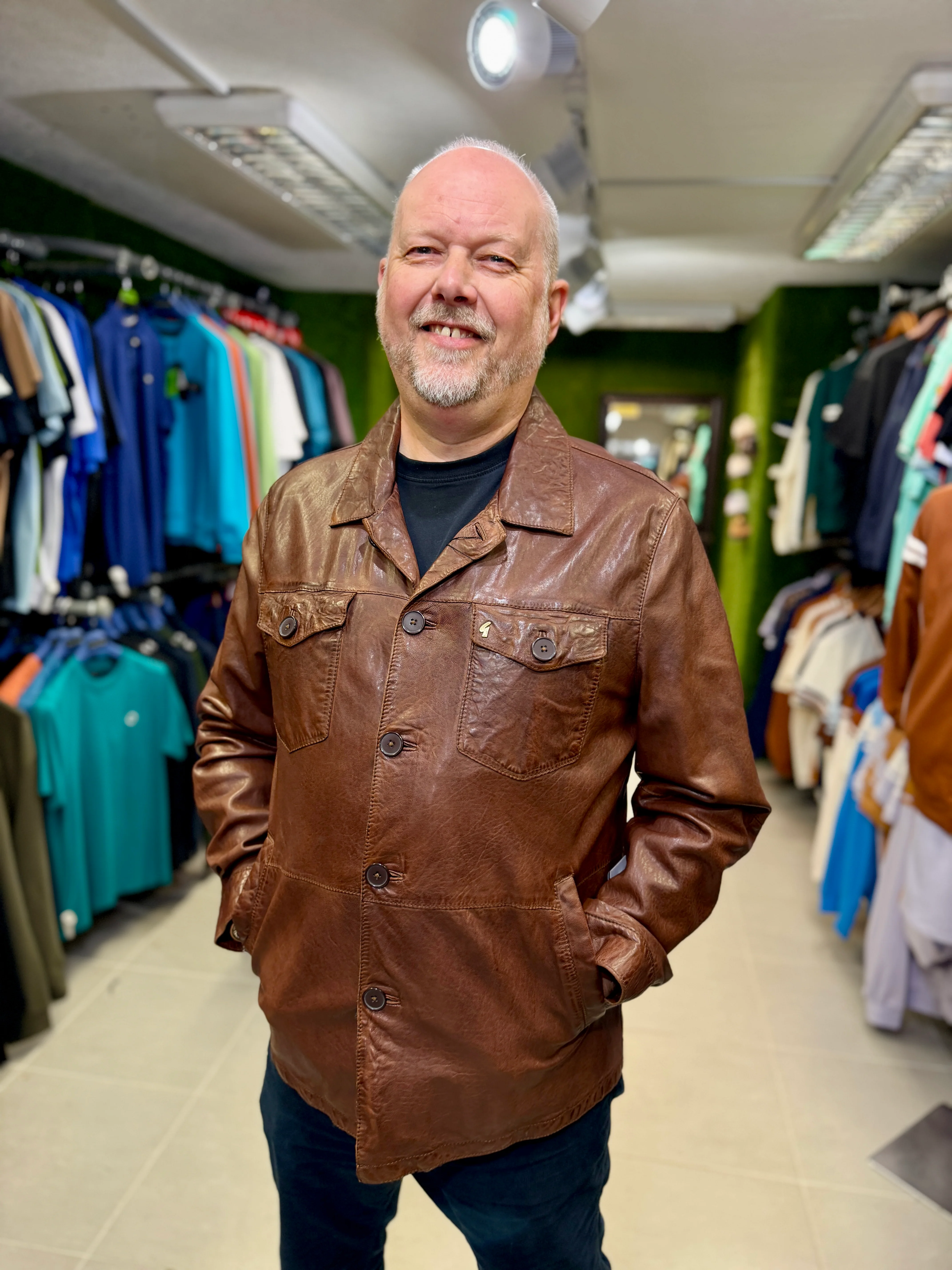 Gabicci Vintage Sam Button-Up Leather Jacket - Brown (Paisley Lining)