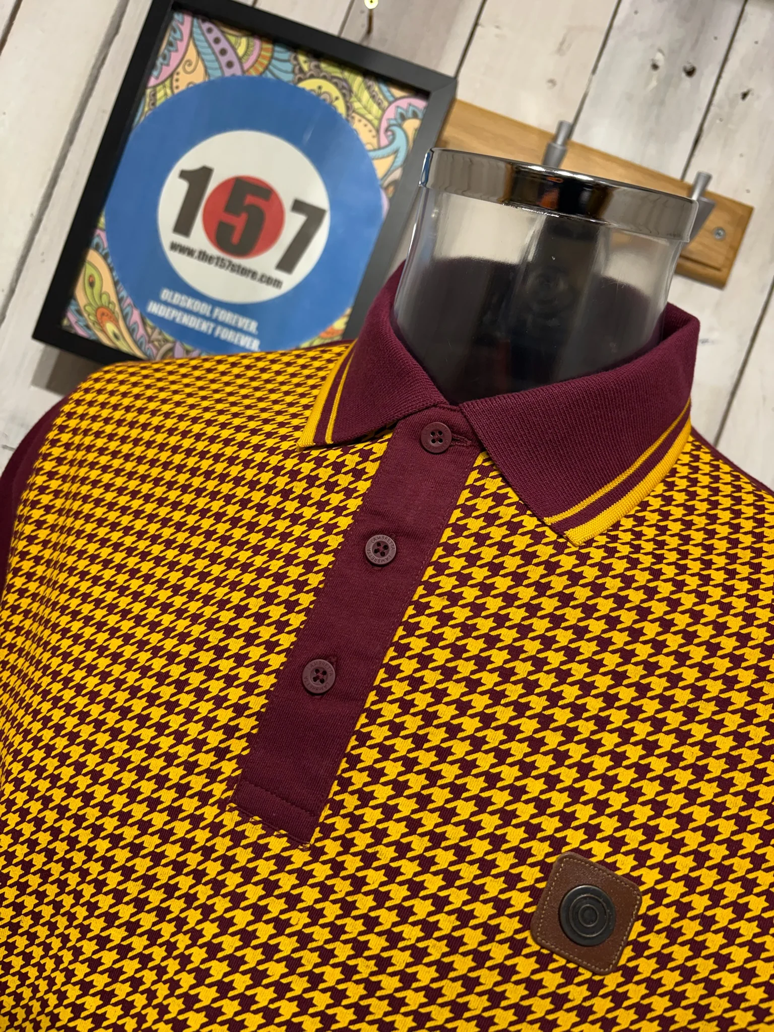 Lambretta Houndstooth Polo - Burgundy / Gold - Image 2