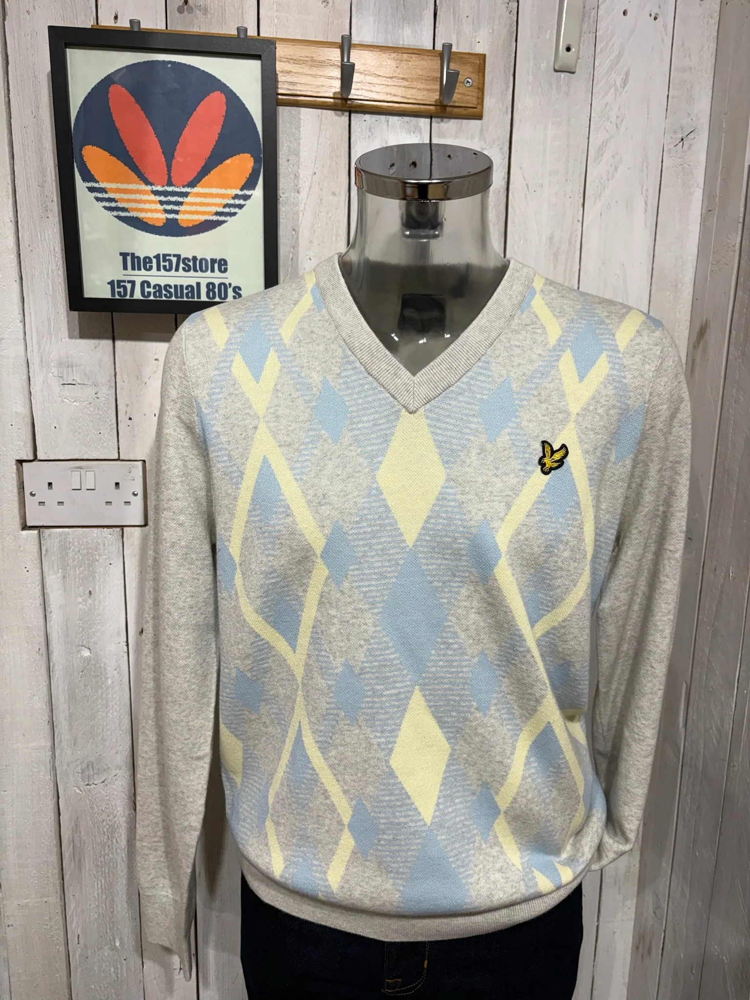 Lyle & Scott Cotton Argyle V Neck Jumper - Light Grey Marl/Opal Blue