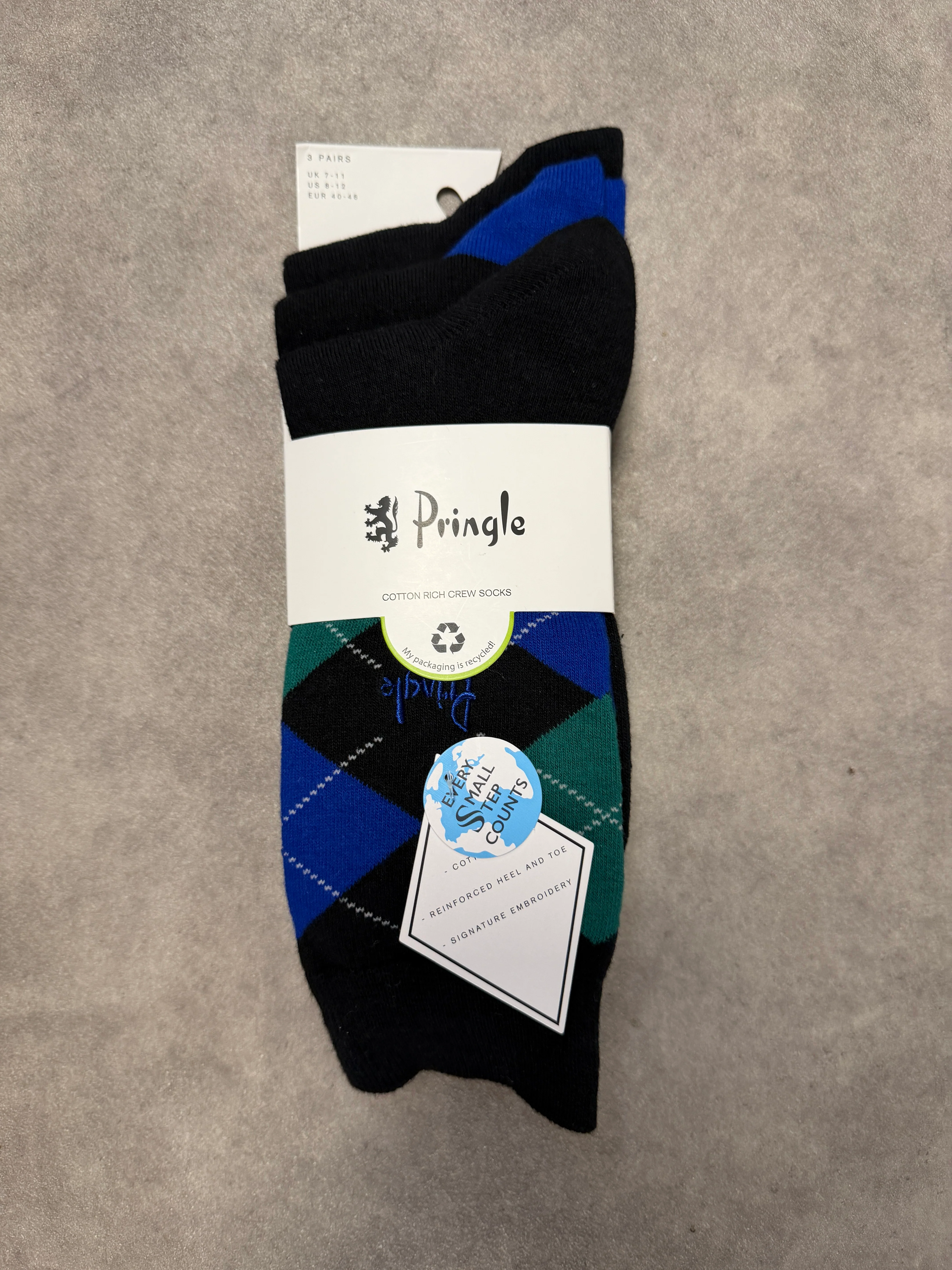 Pringle Argyle Diamond Socks - 3 Pack - Navy Powder Green