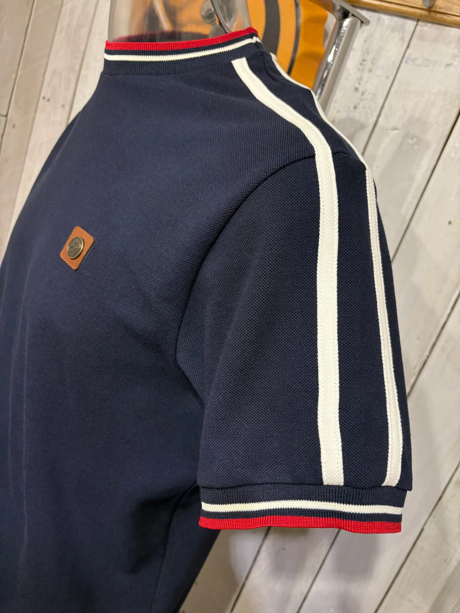 Trojan Pique Shoulder Stripe Tee - Navy/White/Red - Image 2
