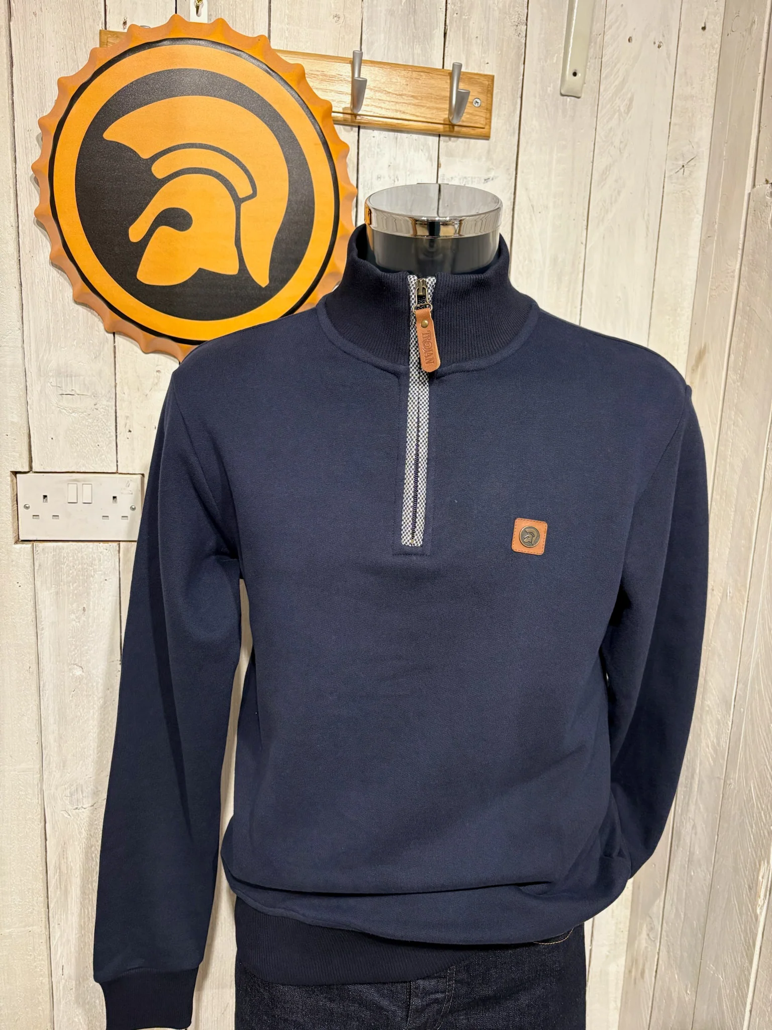 Trojan Quarter Zip Jacquard Trim Jumper - Navy