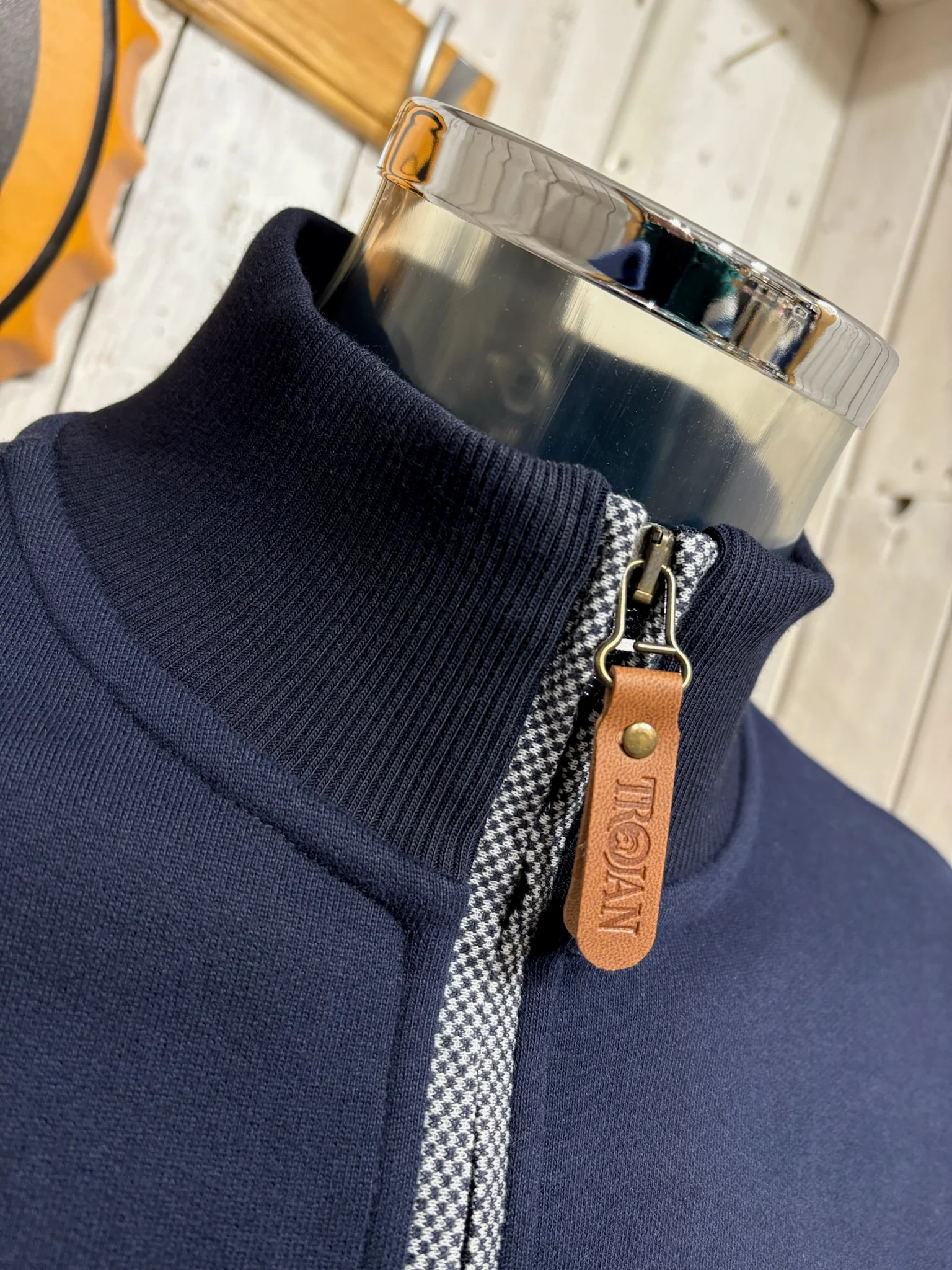 Trojan Quarter Zip Jacquard Trim Jumper - Navy - Image 3