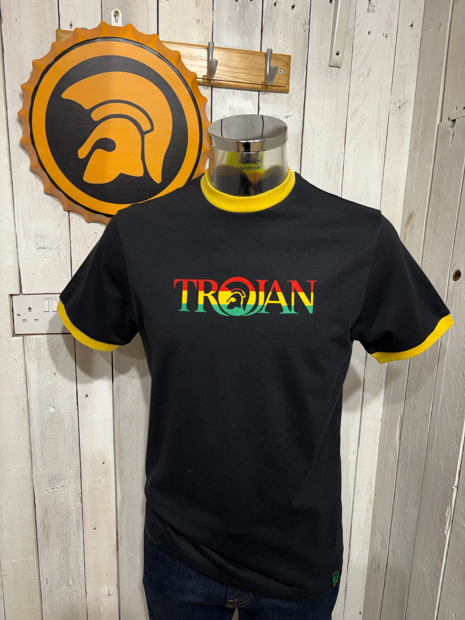 Trojan Script Logo Ringer Tee - Black / Rasta