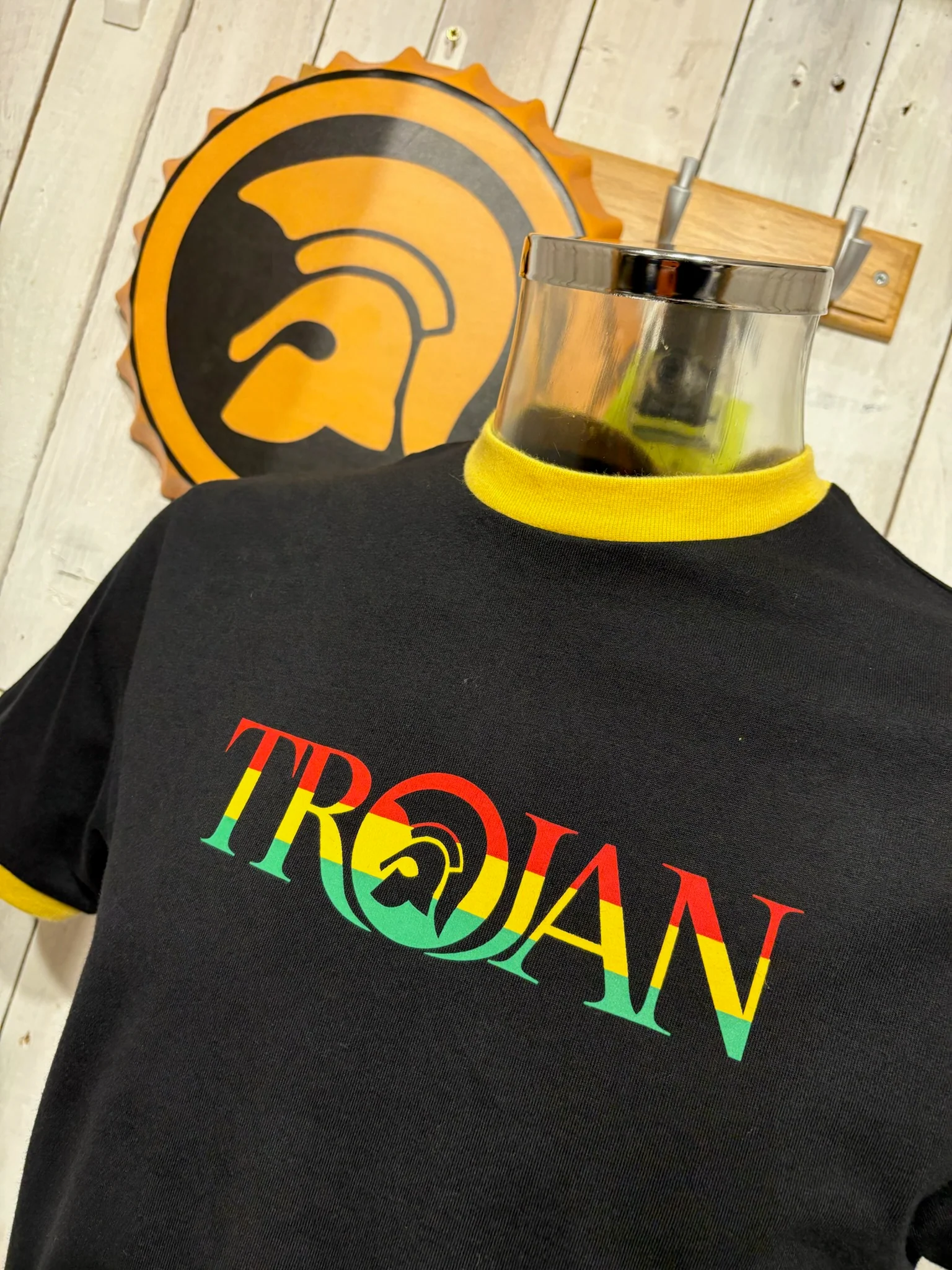 Trojan Script Logo Ringer Tee - Black / Rasta - Image 2
